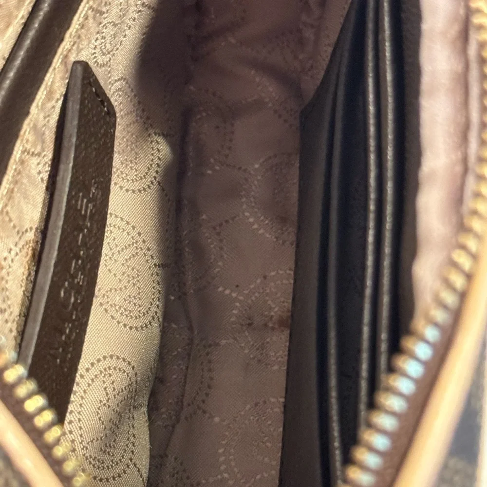 Michael Kors Dark Brown Monogram Camera Crossbody Bag with Gold Accents